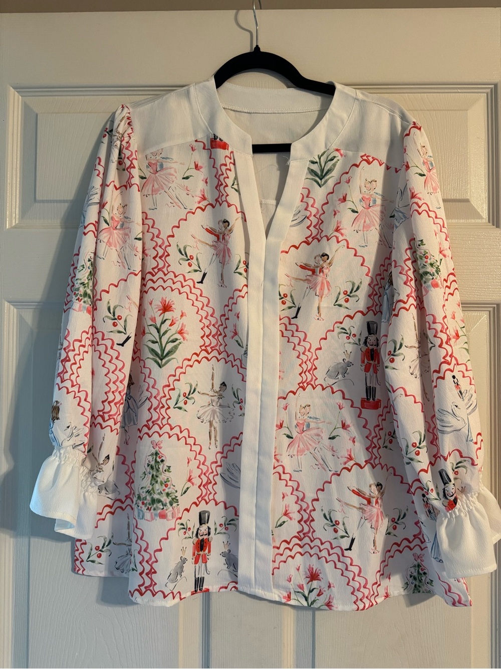 White Ballerina-Print Button Front Blouse with Pink Accents